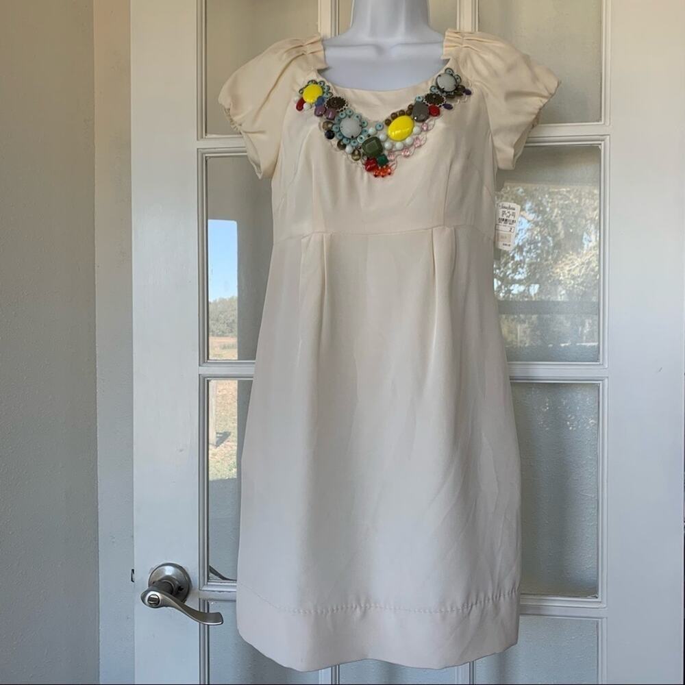 NWT Phoebe Couture White Silk Dress with bead and stone appliqué Size 2